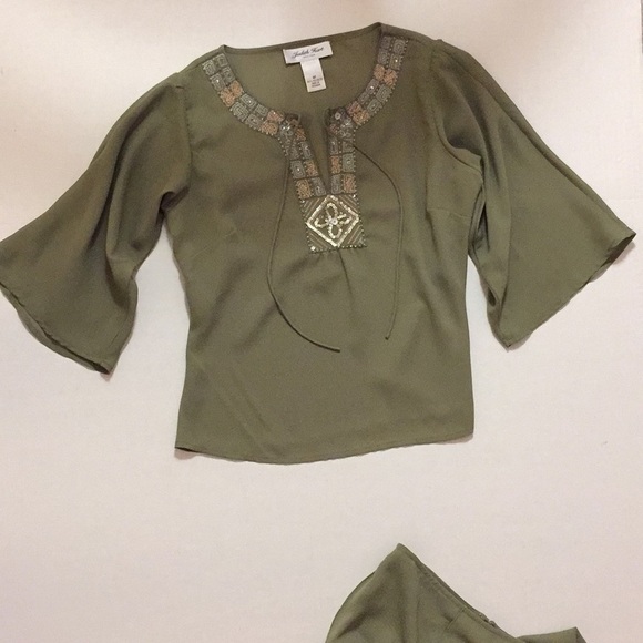 JUDITH HART Fit & Flare midi Skirt & Top Sequins Olive Coral Layered Bohemian - Picture 4 of 13